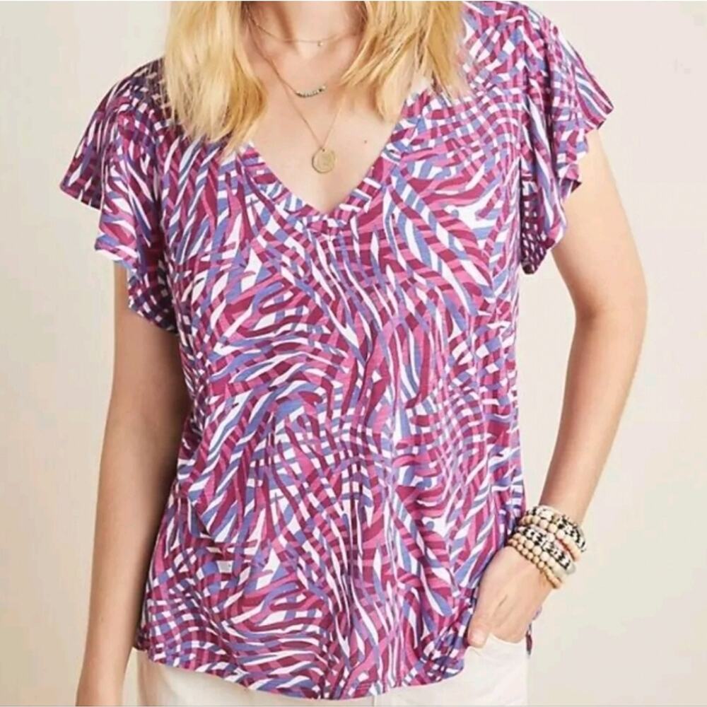 Anthropologie T.la Red Purple Flutter Sleeve Wayfairing Top Tee - size small